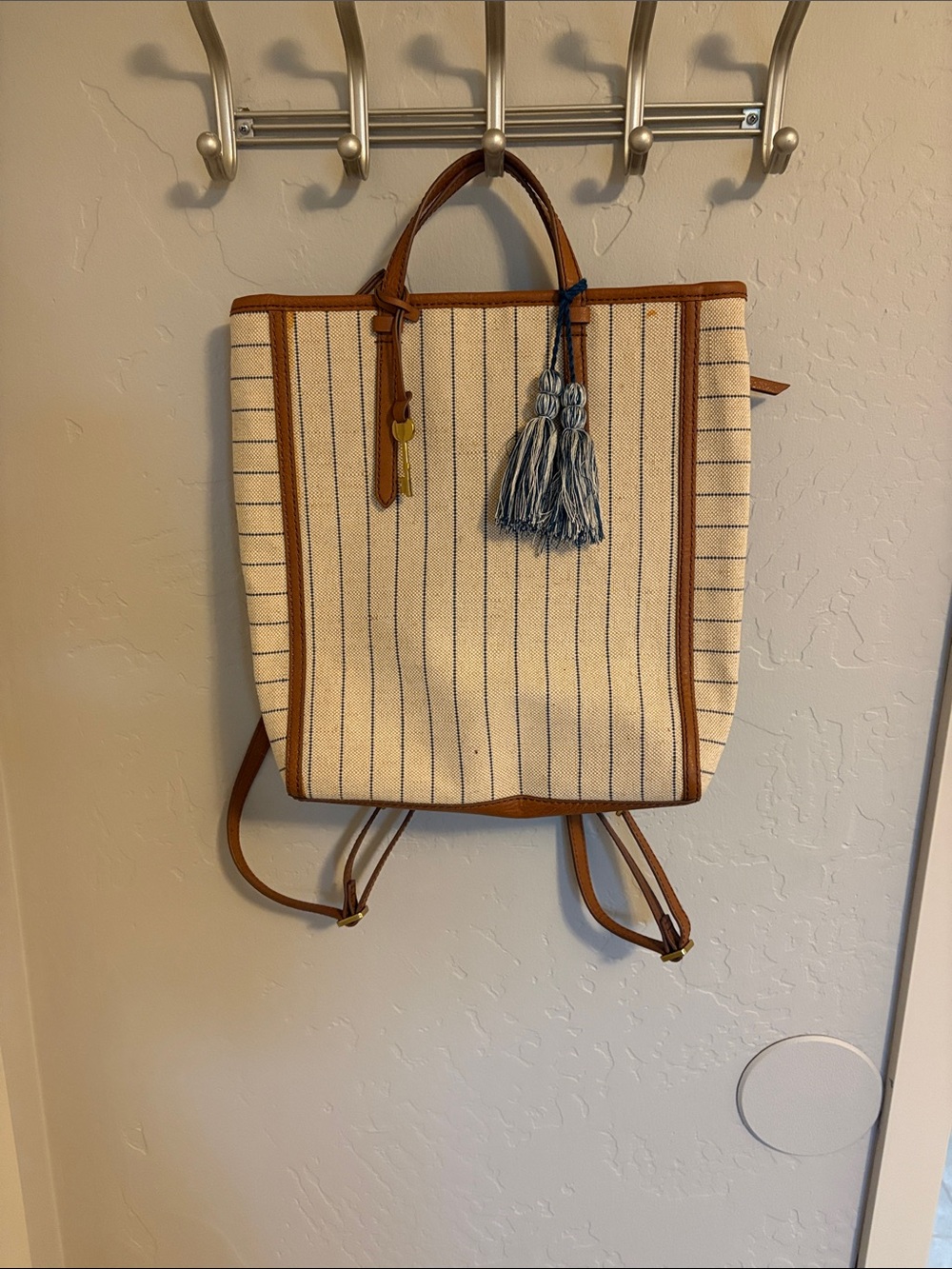 Canvas Stripe Convertible Backpack Tote in Cream, Navy and Brown